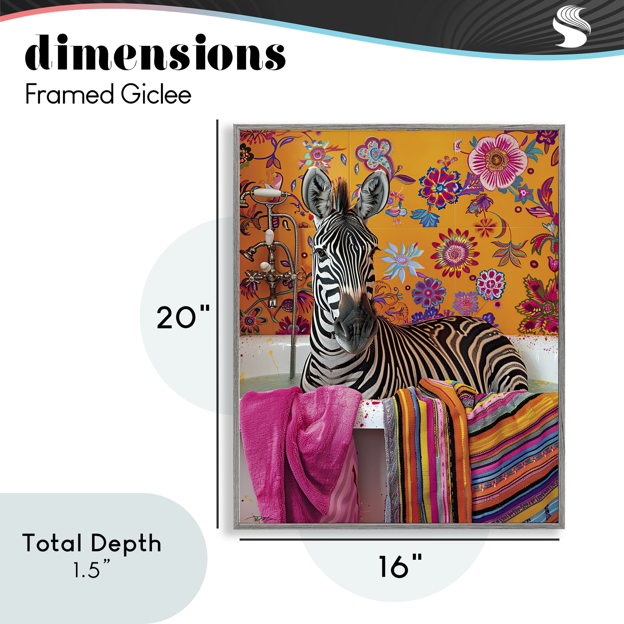 Zebra Bath with Colorful Towel Gray Framed Giclee Art, design by Momart