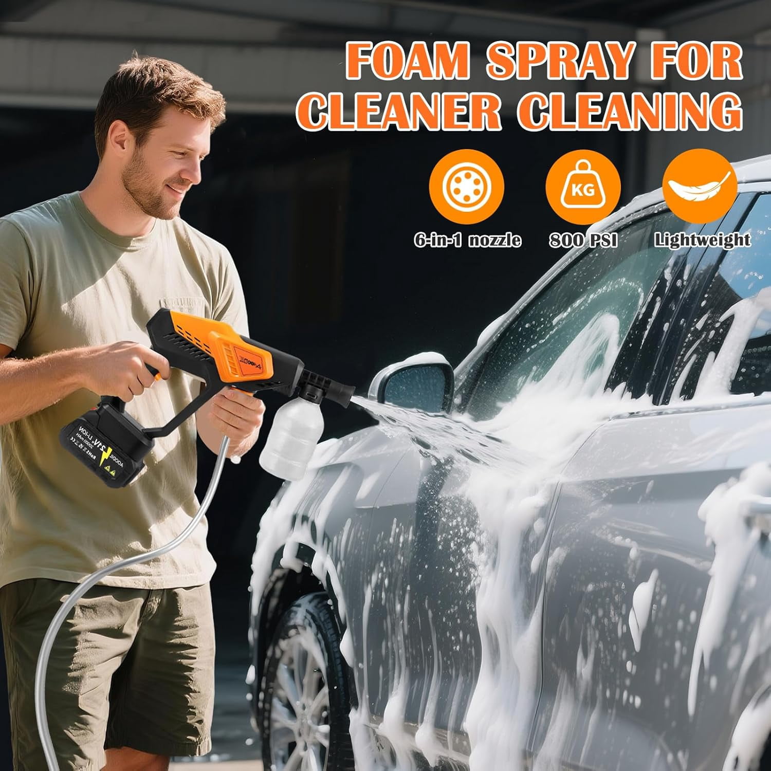 Cordless Washer, 6 in 1 Nozzle Portable Power Washer with 2 Batteries, 800PSI Cordless Power Washer with 5m Hose, Hard Carry Case for Car, Home & Garden
