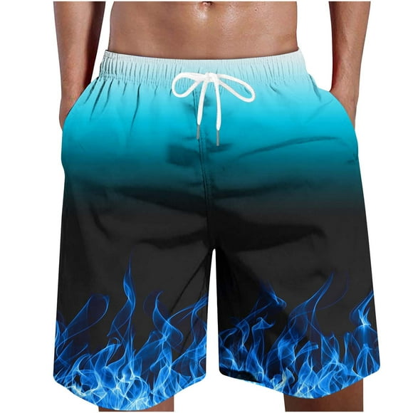 Meichang Mens Swimming Trunks,Men's Gradient Flame Print Swim Shorts Summer Quick Dry Pocket Beach Shorts Casual Drawstring Hawaiian Shorts Blue 2XL