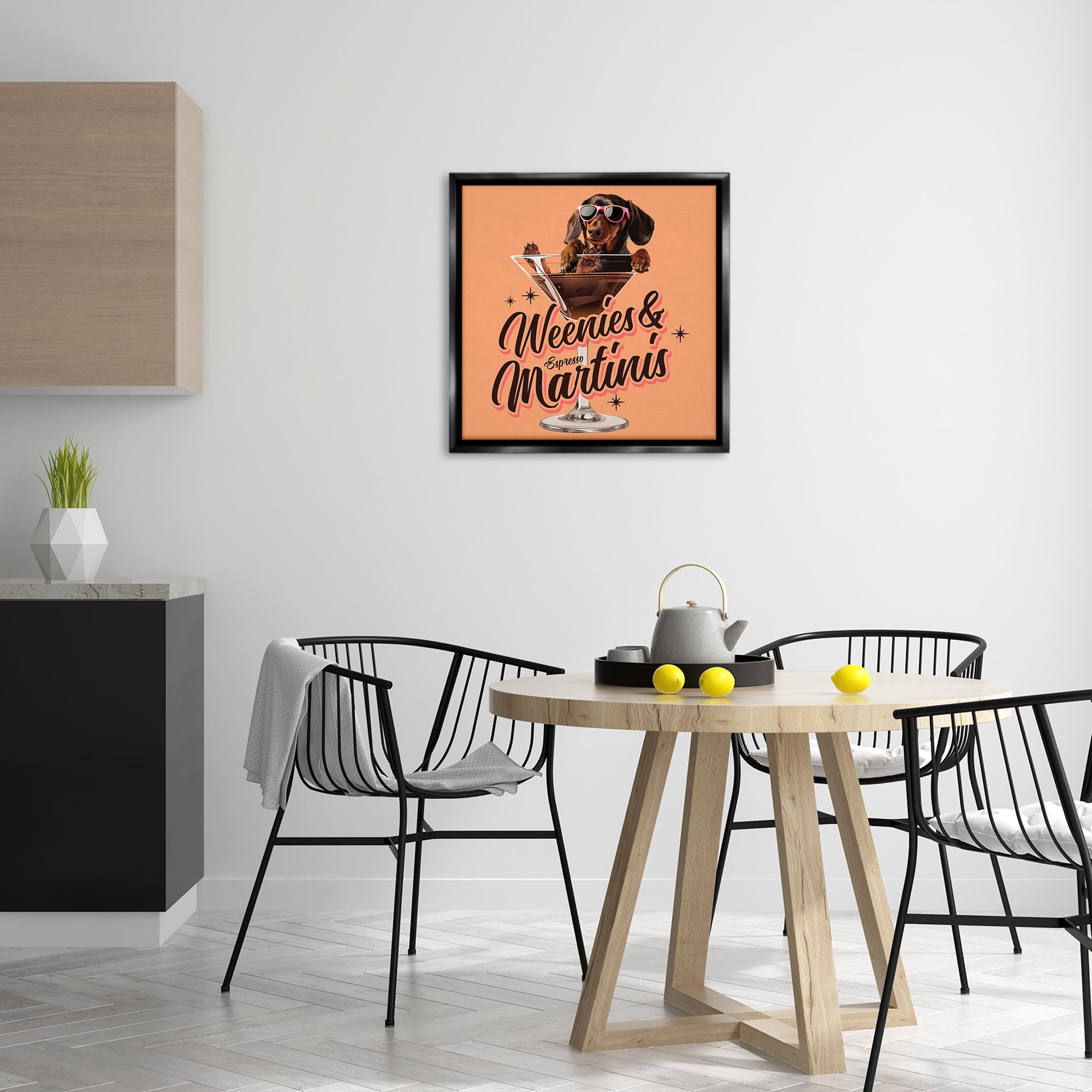 Stupell Industries Weenie's & Espresso Martinis Animals Painting Black Floater Framed Canvas Art Print Wall Art, 25 x 25