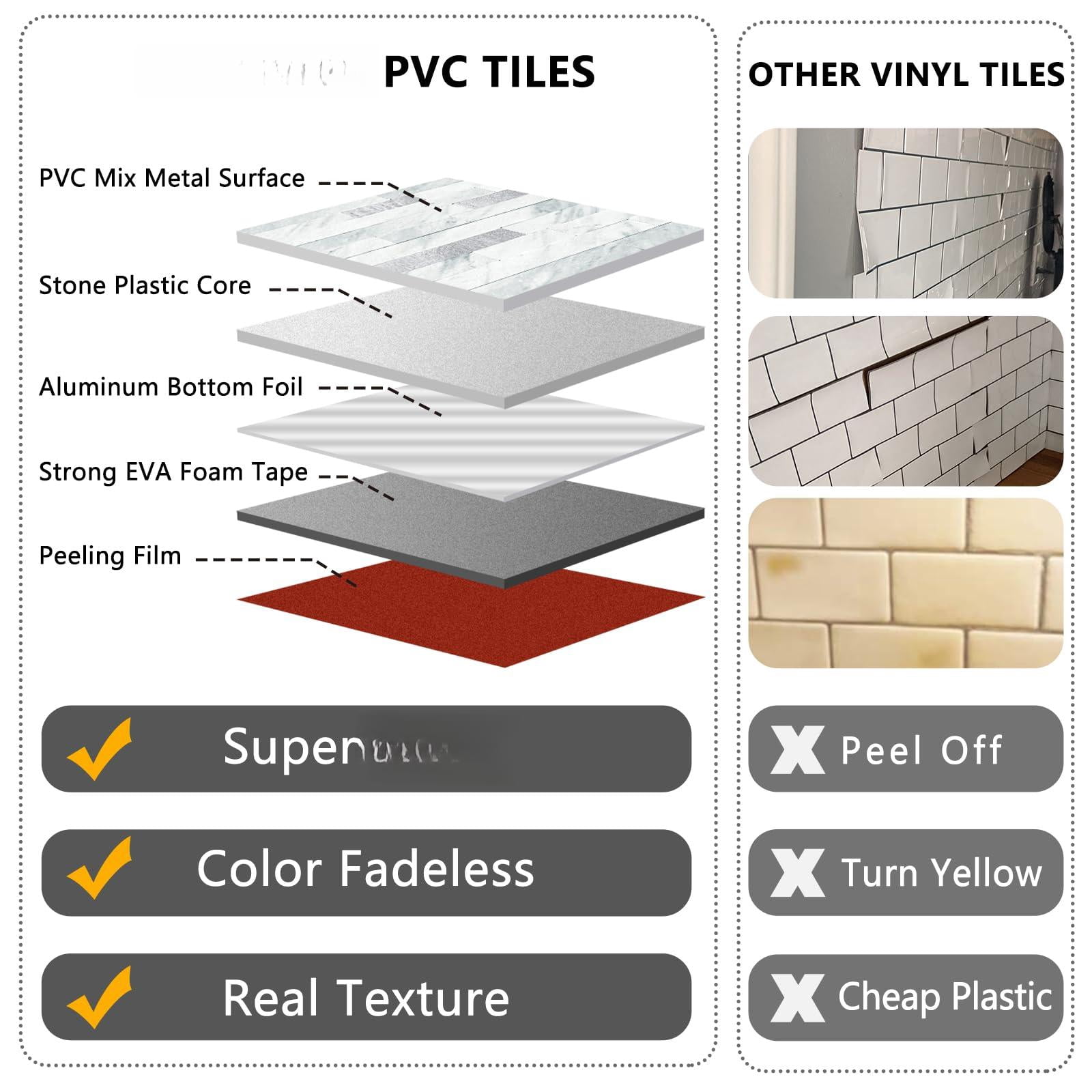 2 Sheets Peel And Stick Backsplash Tile  On For Kitchen Bathroom Volakas White Look Pvc Mixed Metal Self Adhesive Wall Tiles