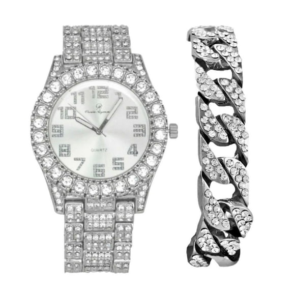Charles Raymond Men's Big Rocks Bling Bling Watch with Arabic Numerals Fully Iced Out Colorful Dial Watch - ST10327AR Single (ST10327ARC Cuban Shiny Silver)