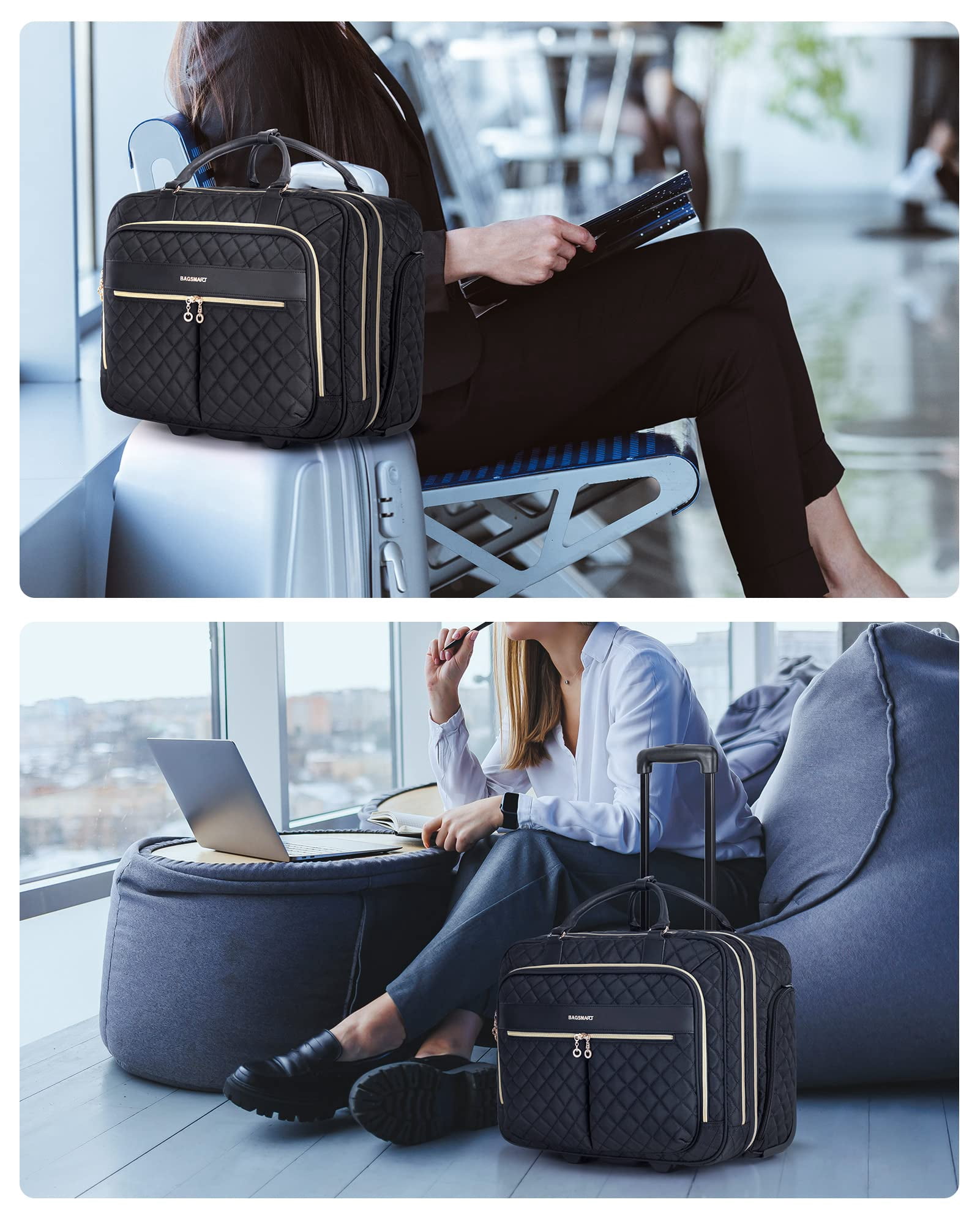 Sac à Roulettes Pour Ordinateur Portable, Mallette à Roulettes Pour Homme Et Femme, Sac De Transport Pour Affaires, Voyage, école, Fermeture éclair Dorée