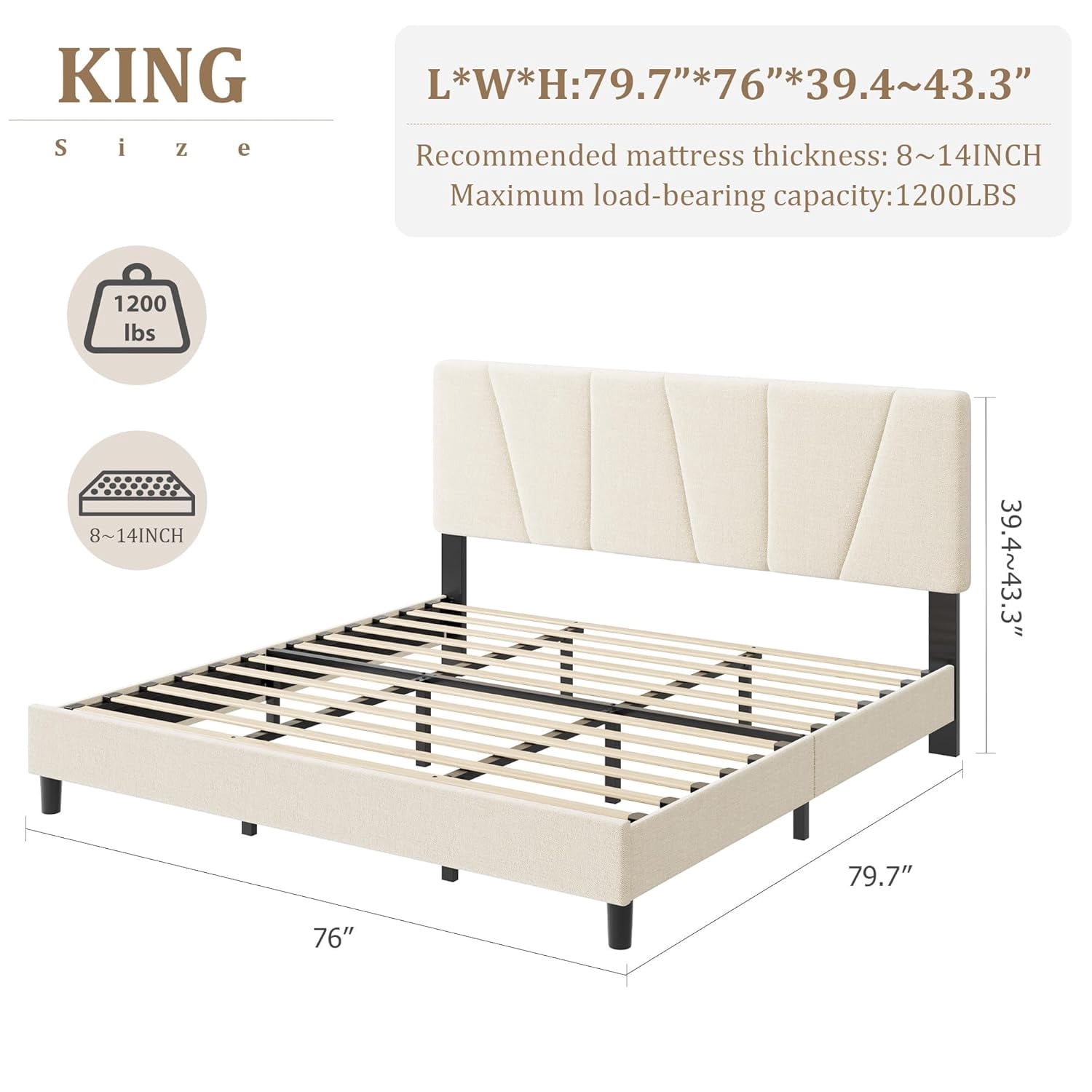 King Size Bed Frame with Adjustable Headboard, Linen Upholstered King Platform Bedframe with Strong Wooden Slats, Mattress Foundation, No Box Spring Needed, Easy Assembly