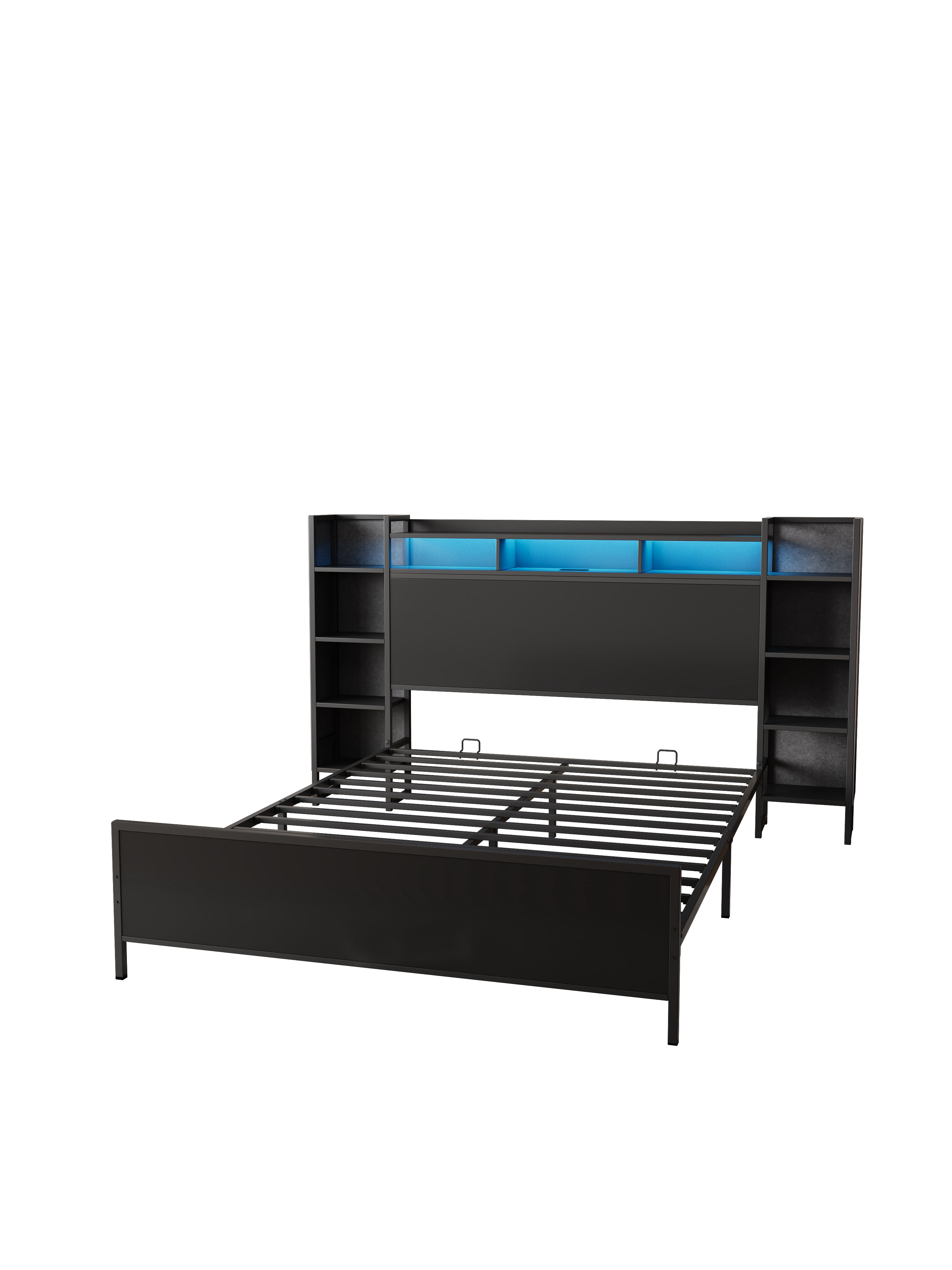 Mintazer King Size Bed Frame with LED Bookshelf Headboard & Charging Station, Modern Platform Bed for Bedroom Guest Room, Black