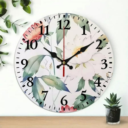 Pratyus Flower Pattern Butterfly Theme Round Wooden Wall Clock 10 Inch for Home Decor Living Rooms Kitchens Dorms Practical Everyday Gifts 10x10in