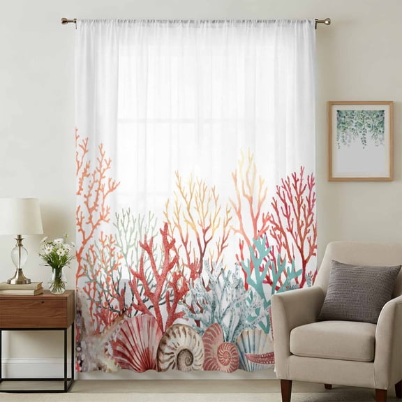 Red Coral Coastal Sheer Curtains 54 Inches Long, Summer Beach Shells Starfish Ocean Light Filering Curtains, Breathable Simi Curtain Privacy Drapes for Kitchen Bathroom Small Window Treatment
