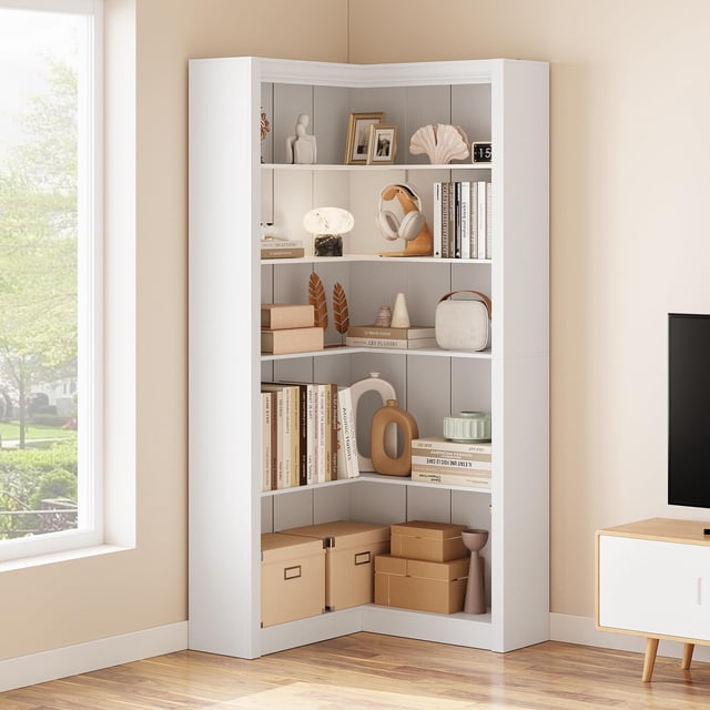 Estilo rural 5 - tier l - shaped de esquina estante in blanca para dormitorio, sala de estar y oficina en casa