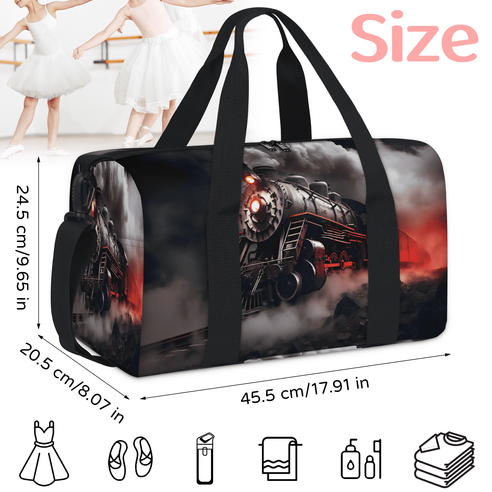 Herdesigns Retro Steam Train Gym Bag for Women, Duffle Bag for Travel Sport, Lightweight Waterproof Carry on Weekender Overnight Dance Yoga Workout Bags