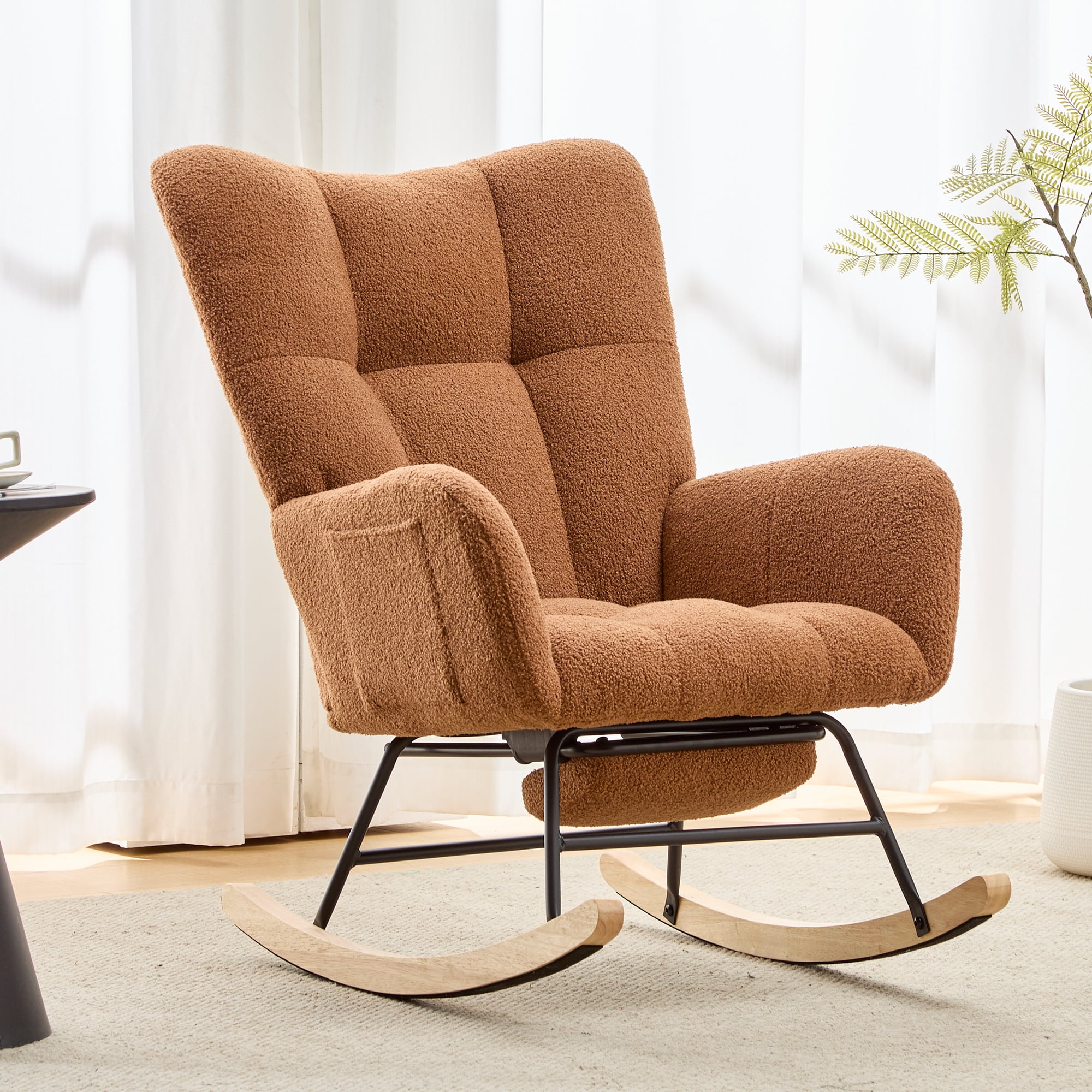 Hforesty Nursery Rocking Chair Teddy Upholstered Glider Rocker，Comfy Armchair with retractable footrest for Living Room & Nursery,BROWN