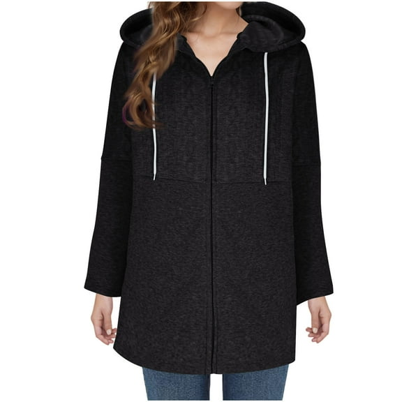 BangWanChi Womens Coats with Hood Women's Winter New Solid Color Hoodie Mid-Length Zipper Cardigan Jacket Long Sleeve Top