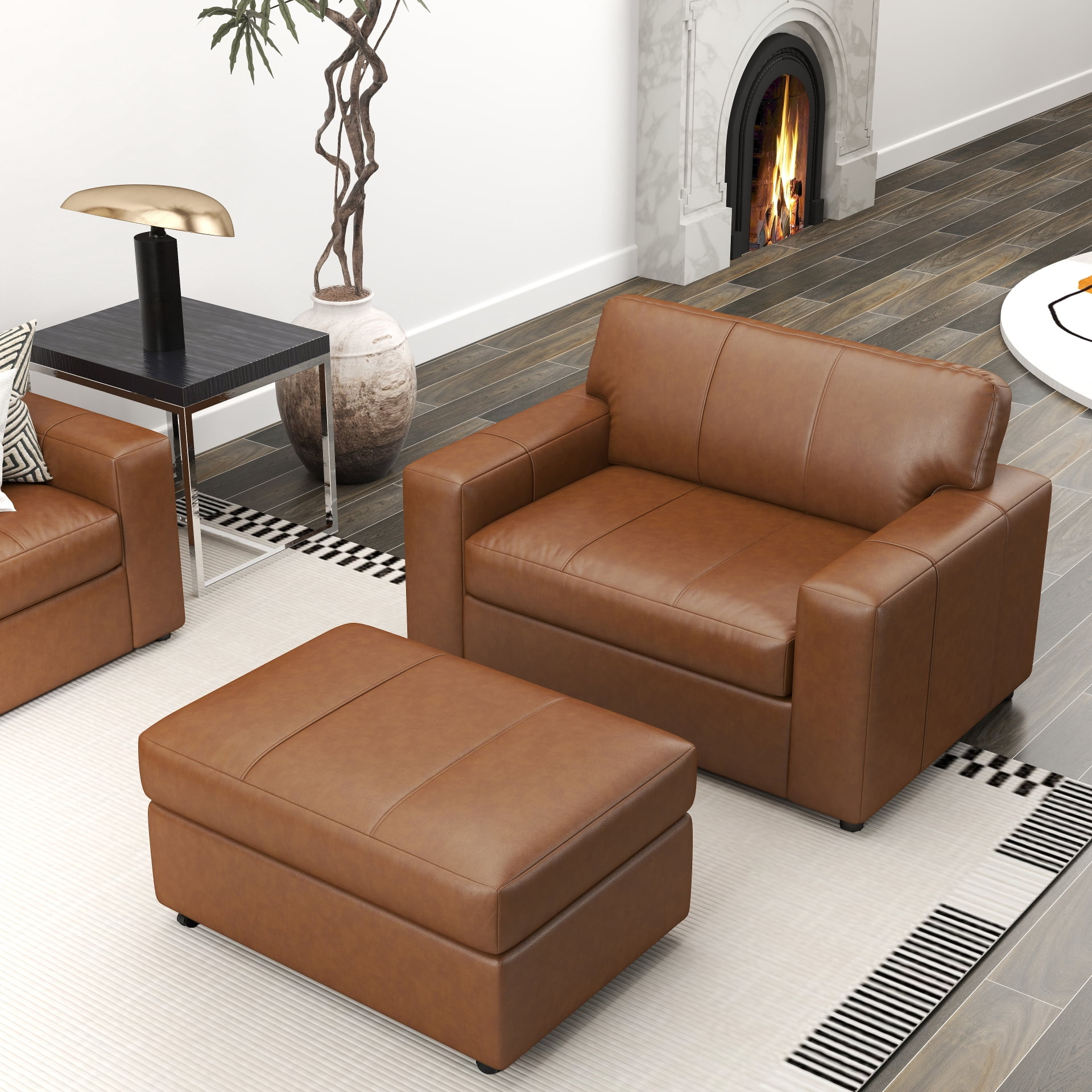 Roundhill Furniture Sakan Leather Upholstered 2-Piece Living Room Set, Cutler Chair and Ottoman