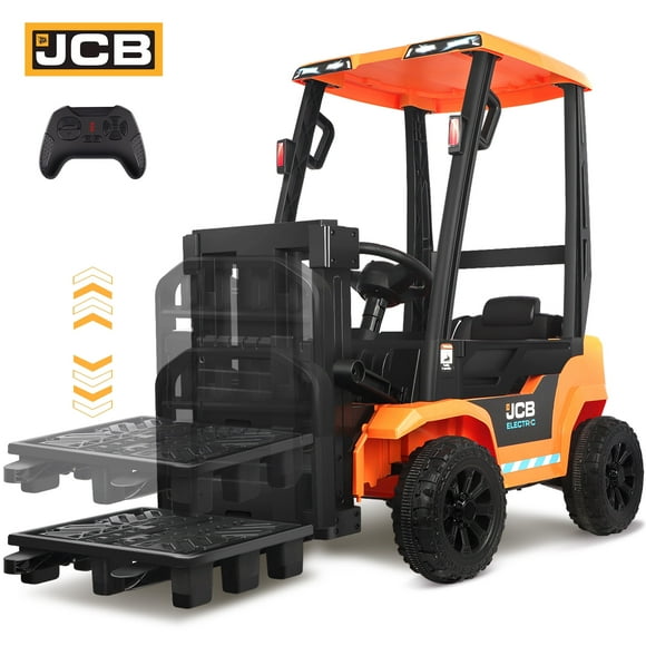 Licensed JCB 12V Powered Ride on Car to Forklift, Toddler Ride on Toy with Lifting Pallet, Remote Control, 4 Wheels Electric Construction Vehicle for