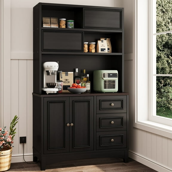 71" Kitchen Hutch with Storage Drawers, Pantry Cabinet with Charging Station for Living Room, Dining Room, Black