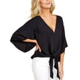 thumbnail image 2 of SWSMCLT Women's Boho Floral Blouse V Neck Shirt Casual Fall Chiffon Summer Printed Shirt 3/4 Sleeve Sexy Peasant Black 12, 2 of 5