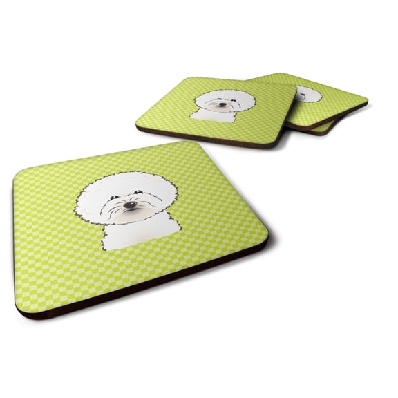 Carolines Treasures BB1279FC Checkerboard Lime Green Bichon Frise Foam Coaster Set of 4 3 1/2 x 3 1/2 multicolor