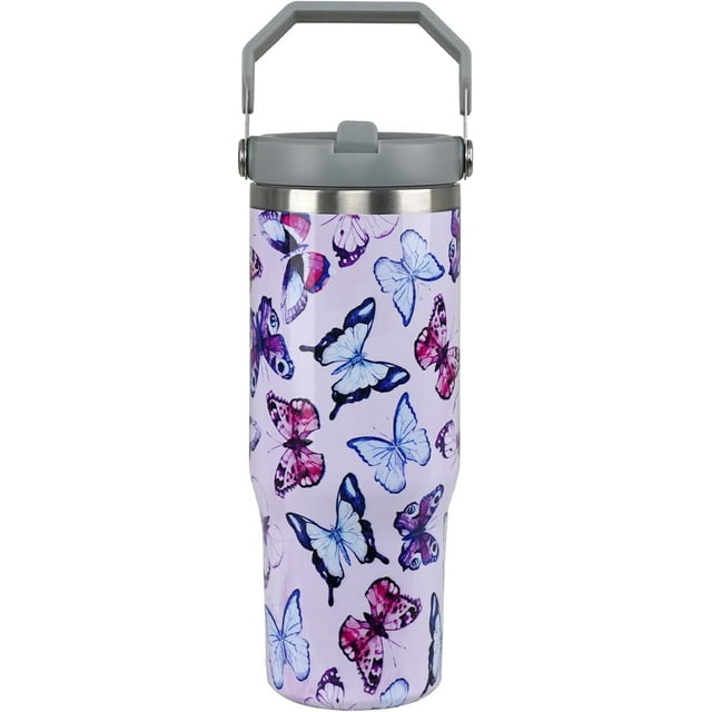 Cadeaux Papillon pour Femmes Gobelet Papillon 30 oz avec Poignée Tasse Papillon Gobelets Isolés avec Paille Rabattable et Poignée Supérieure Acier Inoxydable Tasse à Café 30 oz