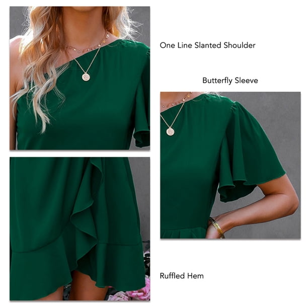 Vestido De Un Solo Hombro Vestido De Verano Vestido De Un Solo Hombro Manga De Mariposa Hombro Inclinado Dobladillo Con Volantes Mujer Verano Vestido Formal Informal Verde S ANGGREK Otros