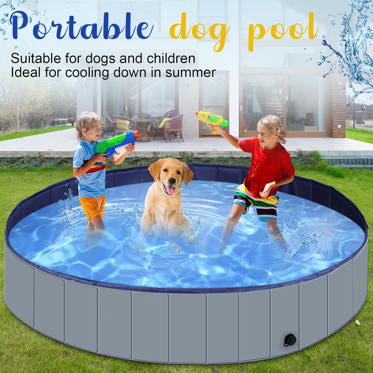 Foldable Dog Pool with Round Pool Cover Collapsible Dog Pet Pool Hard Plastic Swimming Pool Puppy Wading Bathing Tub Portable Kiddie Pool for Indoor Outdoor Pets Cats Kids (63 x 12 Inch)