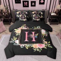 Homewish Child Initial H Letter Bedding Comforter Set 7pcs, Butterfly Animal Queen Bedding Sets, Rustic Cartoon Rose Floral Reversible Queen Sheet Sets, Ultra Soft Bedroom Decor