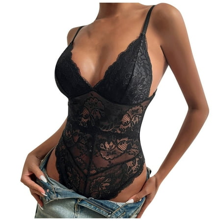 

KDDYLITQ Eyelash Lace One Piece Bodysuit for Women Sexy Snap Crotch Tummy Control Shapewear Teddy Deep V Neck Sleepwear Babydoll Lingerie Black L