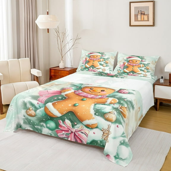 Manfei Happy Christmas Twin Sheet Sets,Lovely Gingerbread Man Twin Fitted Sheet,Chic Xmas Tree Flat Sheet For Teens,Breathable Home Decor,3 Pieces