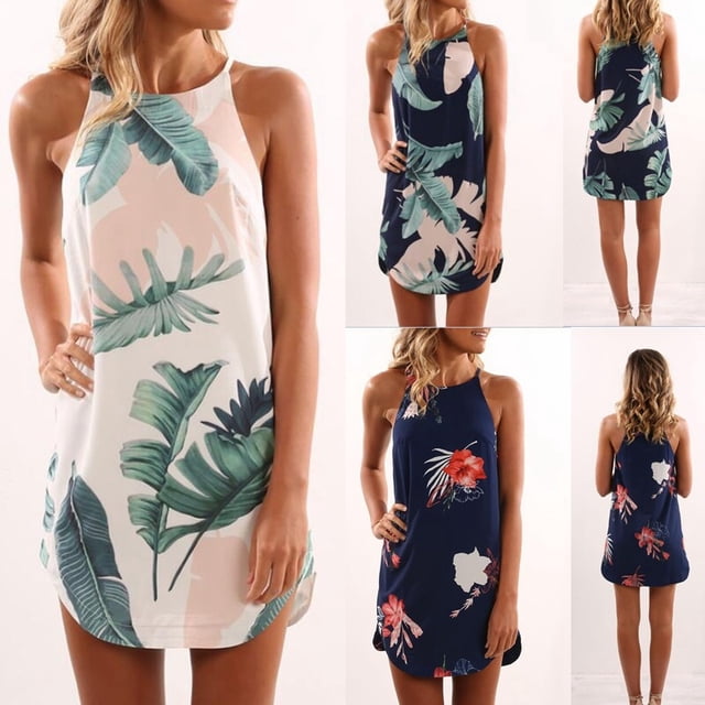 Robe d'Été Sans Manches à Col Licou pour Femmes, Imprimée, Ajustée, Mini Robe de Soirée