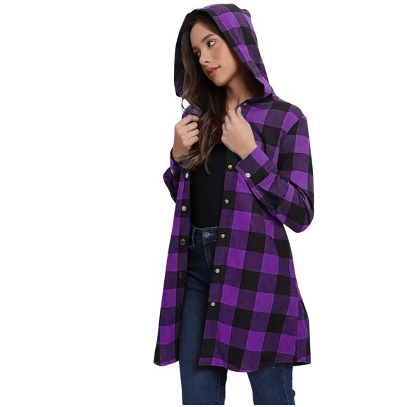 aidice Womens Button down Shirts Plaid Long Sleeve Tops Hooded Loose Casual Lightweight Streetwear Jackets Top with Pockets
