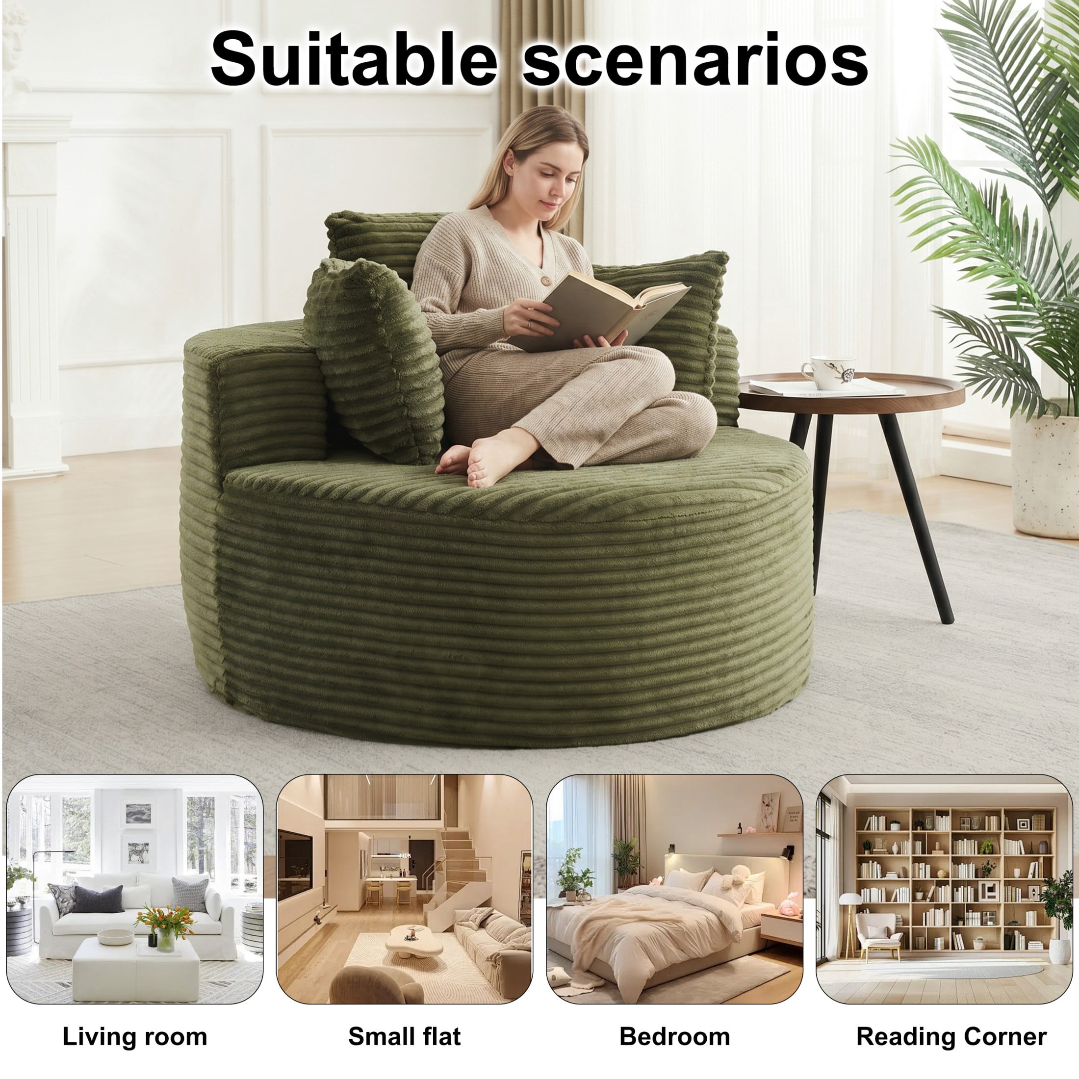 Aukfa 43" Oversized Round Chair with 3 Pillows, Corduroy Cloud Lounge Sofa Chair for Living Room/Bedroom, Green