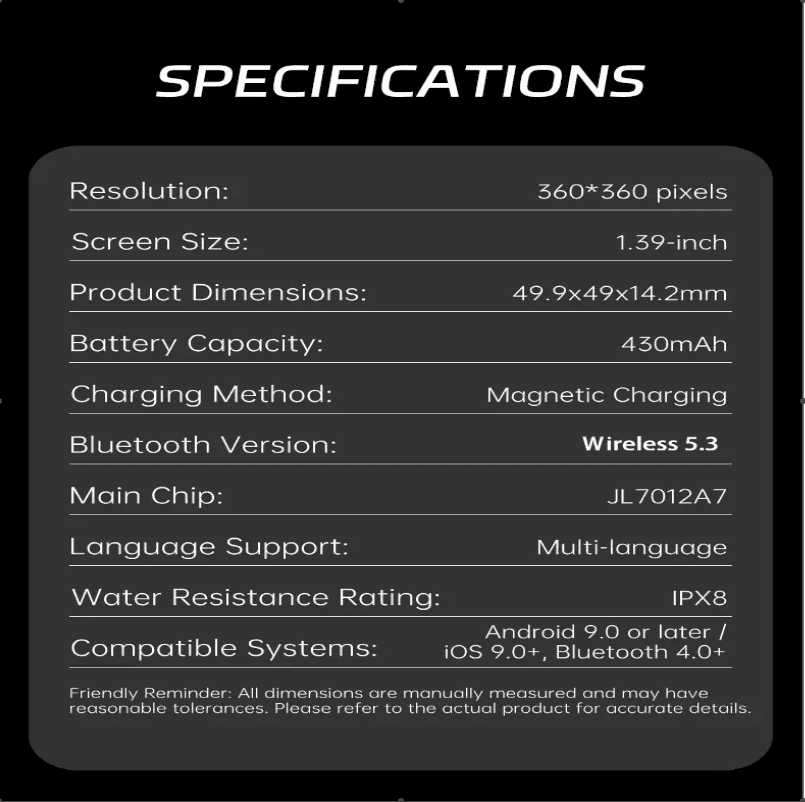 Smart Watch for Men iPhone Android, 1.39" HD Touchsreen, Bluetooth Call and Music Control, Fitness Tracker, 110+ Sports Modes, IPX8 Waterproof, Black