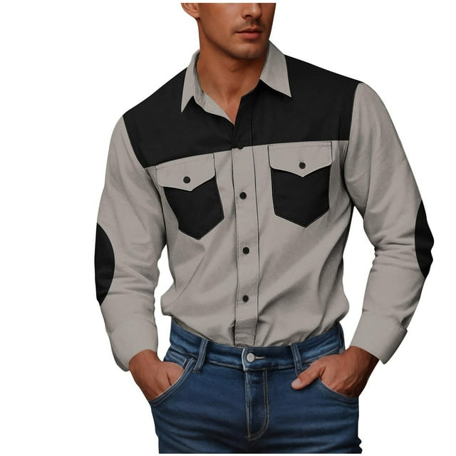 Chemises Longues pour Hommes Chemises avec Doubles Poches Hommes Décontracté Mode Bouton Doubles Poches Imprimé Patchwork Manches Longues Col Rabattu Chemise de Travail Chemises à Boutons pour Hommes Chemises à Manches Longues pour Hommes