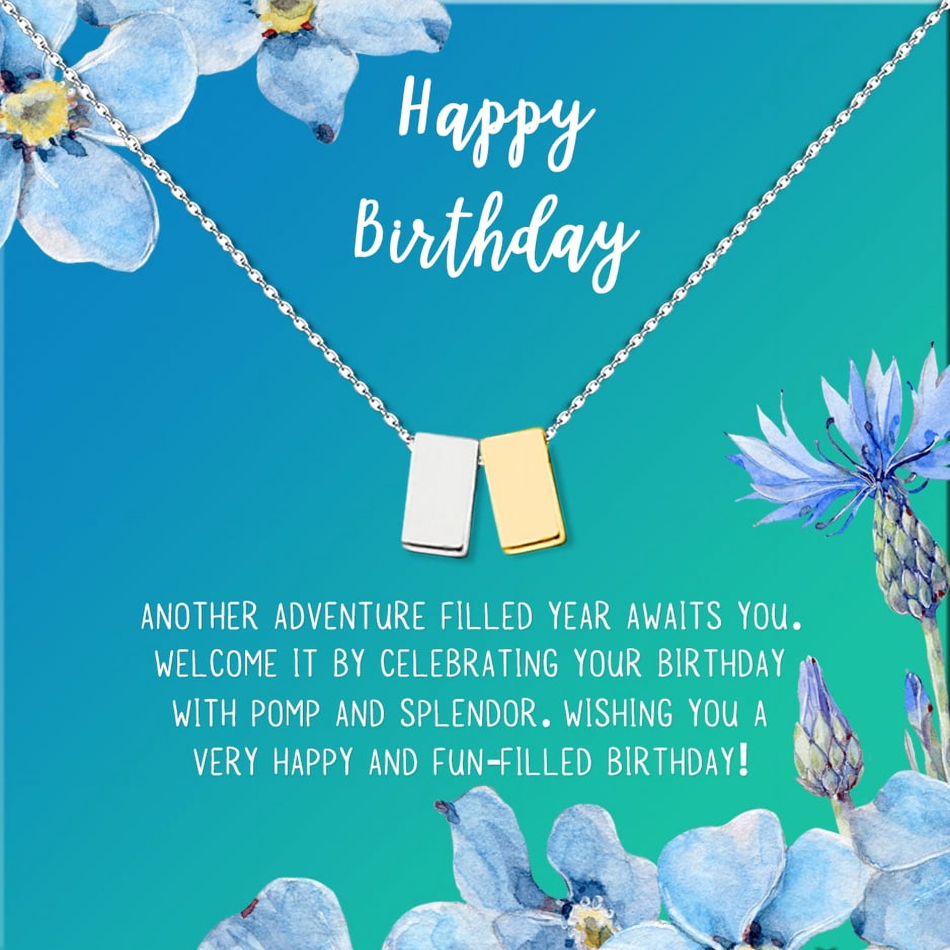Anavia Happy Birthday Gifts Stainless Steel Fashion Necklace Birthday Card Jewelry Gift for Her, Birthday Gift for Friend-[Silver and Gold Double Cube, Bright Blue Gift Card]