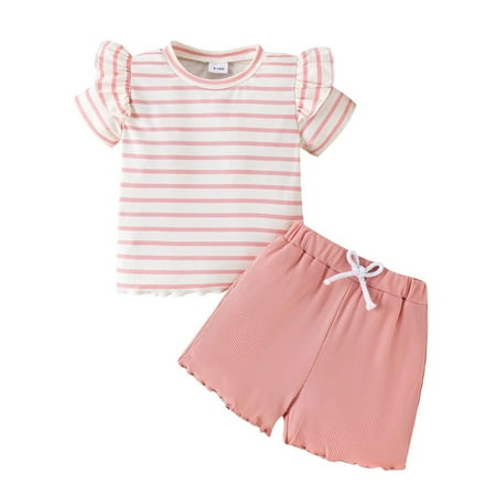 eczipvz Toddler Baby Girl Summer Clothes 12M-4Y Ruffle Ribbed Knit Short Sleeves T-Shirt Tops + Shorts Cute Outfits Set Pink 12-18 Months