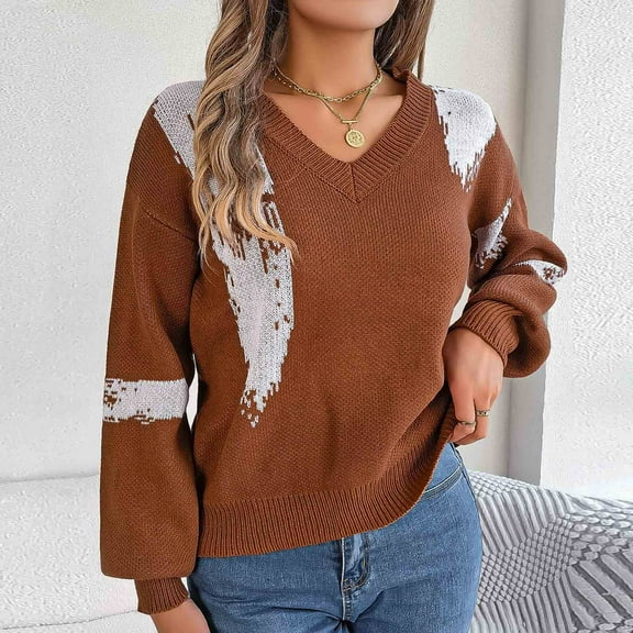 Itsame Loose Sweater for Womens Long Sleeve Pullover Sweaters V-Neck Printed Casual Sweatertop Brown Size S
