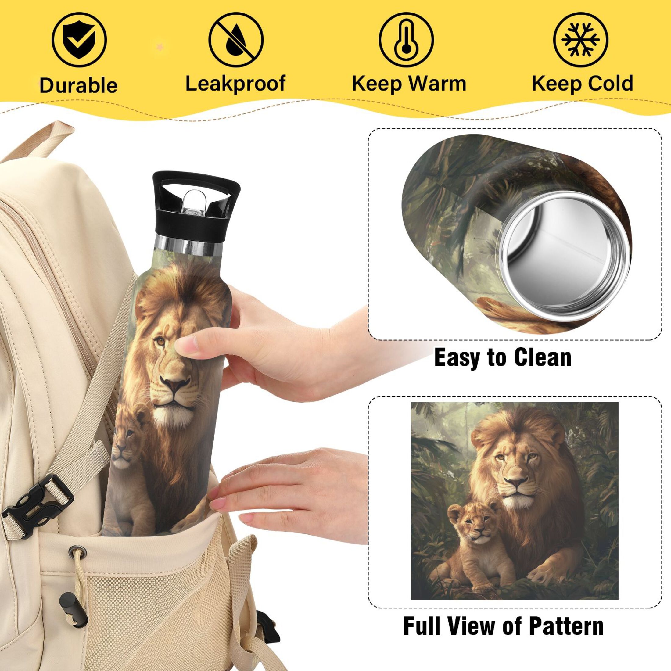600ML Stainless Steel Insulated Cup Sports Water Bottle Portable Thermos Cup Water Glasses Insulated Tumblers Convenient and Durable Brown Lions