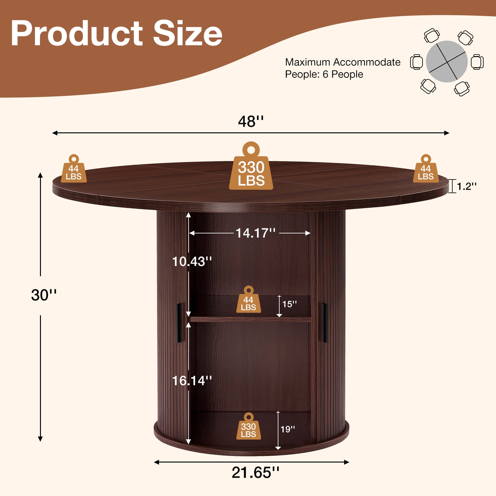 Hommpa 48" Round Dining Table with Storage, Morden Kitchen Table Wood for 4 with 2-Layer Storage Shelves and Wood Slide Door for Kitchen for Party Holiday Festival Christmas Gift, Brown
