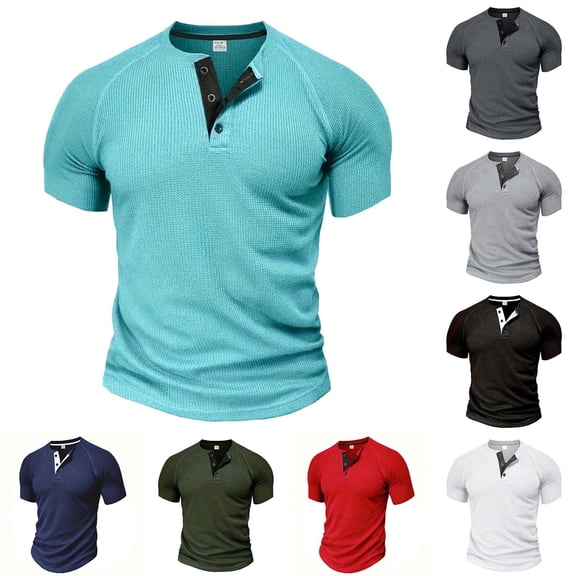 Mens Waffle Knit Short Sleeve Henley Shirts Casual 3 Button Muscle Fit Raglan T-Shirts Summer Beach Vacation Tops Lightweight Breathable Athletic Workout Tees