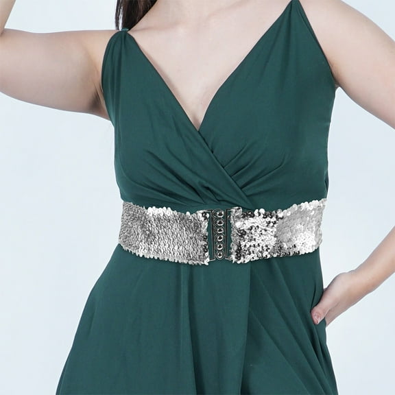 KAKOWELY 2Pcs Silver Sequin Belt Wide For Women Glitter Waist