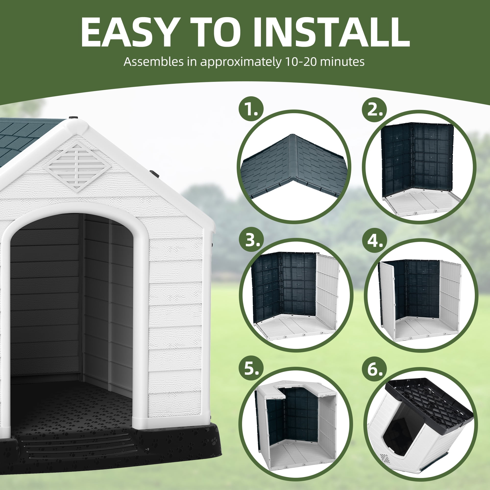 Uforic Waterproof Plastic Dog House with Air Vents and Elevated Floor, Outdoor Indoor Doghouse Puppy Shelter,Gray,28.5''Lx 26''Wx 28''H