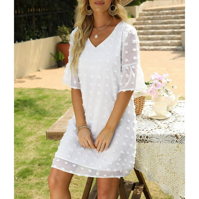 Vestido corto de verano con cuello en V, gasa, lunares, mangas cortas con volantes, vestido de línea A para mujer