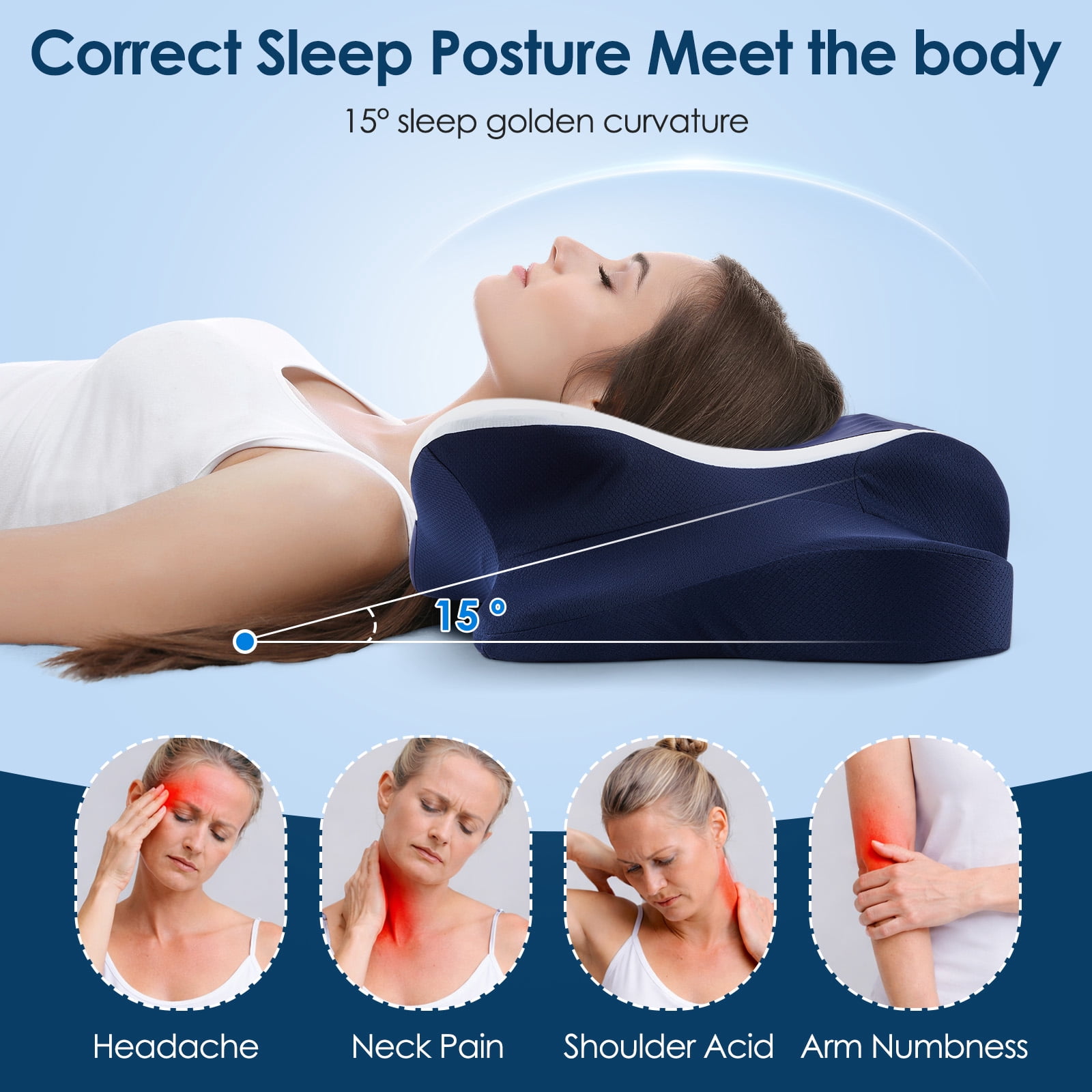 DONAMA Cervical Neck Pillow for Pain Relief Sleeping, Memory Foam Pillow Neck Pillow Bed Pillow with Pillowcase for Side Back and Stomach Sleepers, Blue and White