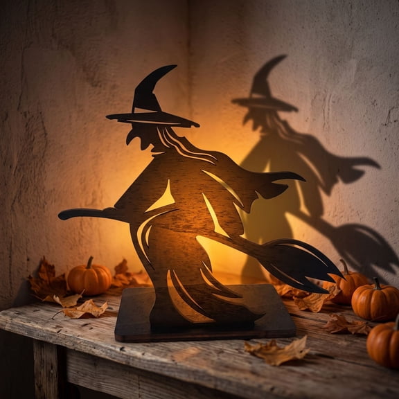 Halloween Home Decor Indoor 7X4 Inch Wooden Witch Silhouette Light Up Halloween Decorations Spooky Halloween Decor for Tabletop Party Home Accent 2 Piece Set