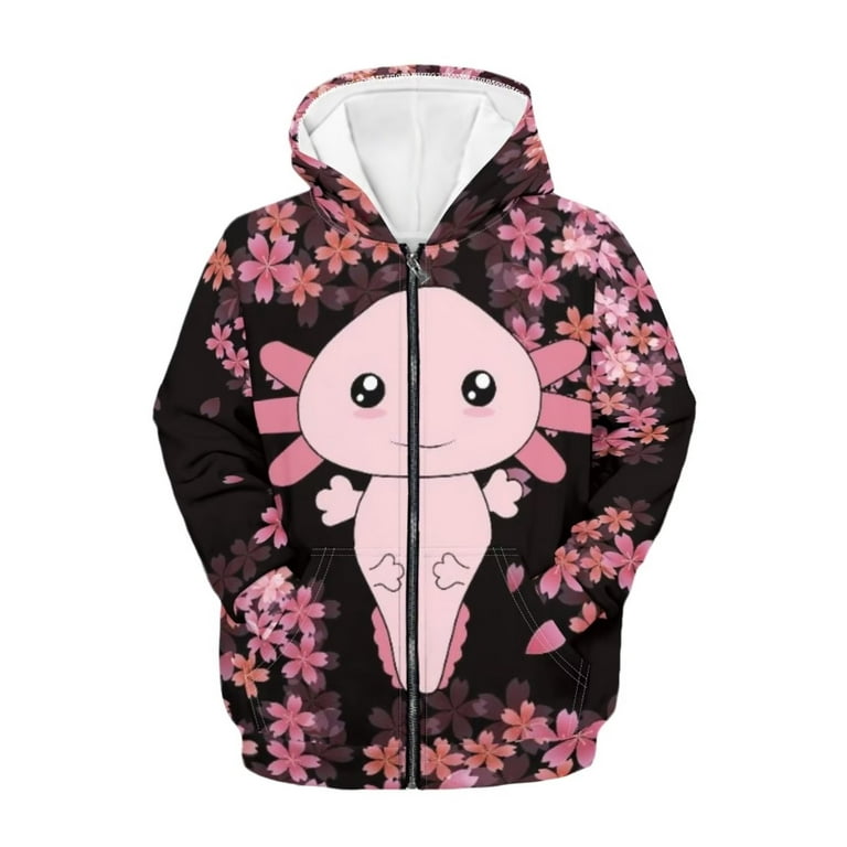 FKELYI Axolotl Zipper Hoodies Size 14-16 Y Comfy Cherry Blossom Girls  Hoodie Sweatshirt Stretchy Kids Zipper Jacket for School Home