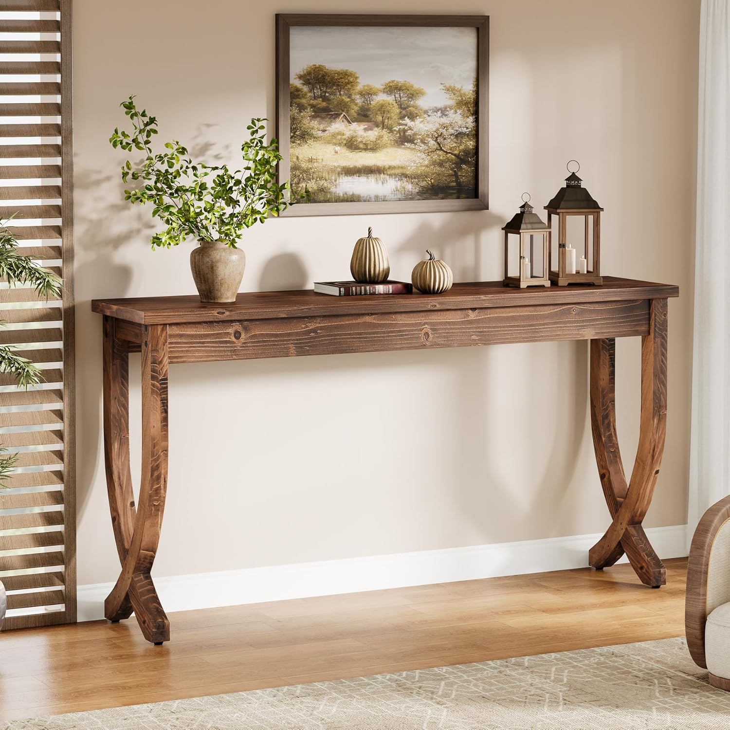 Tribesigns 63-Inch Solid Wood Console Table, Farmhouse Entryway Table, Long Sofa Table for Living Room, Hallway, Entrance, Foyer, Brown