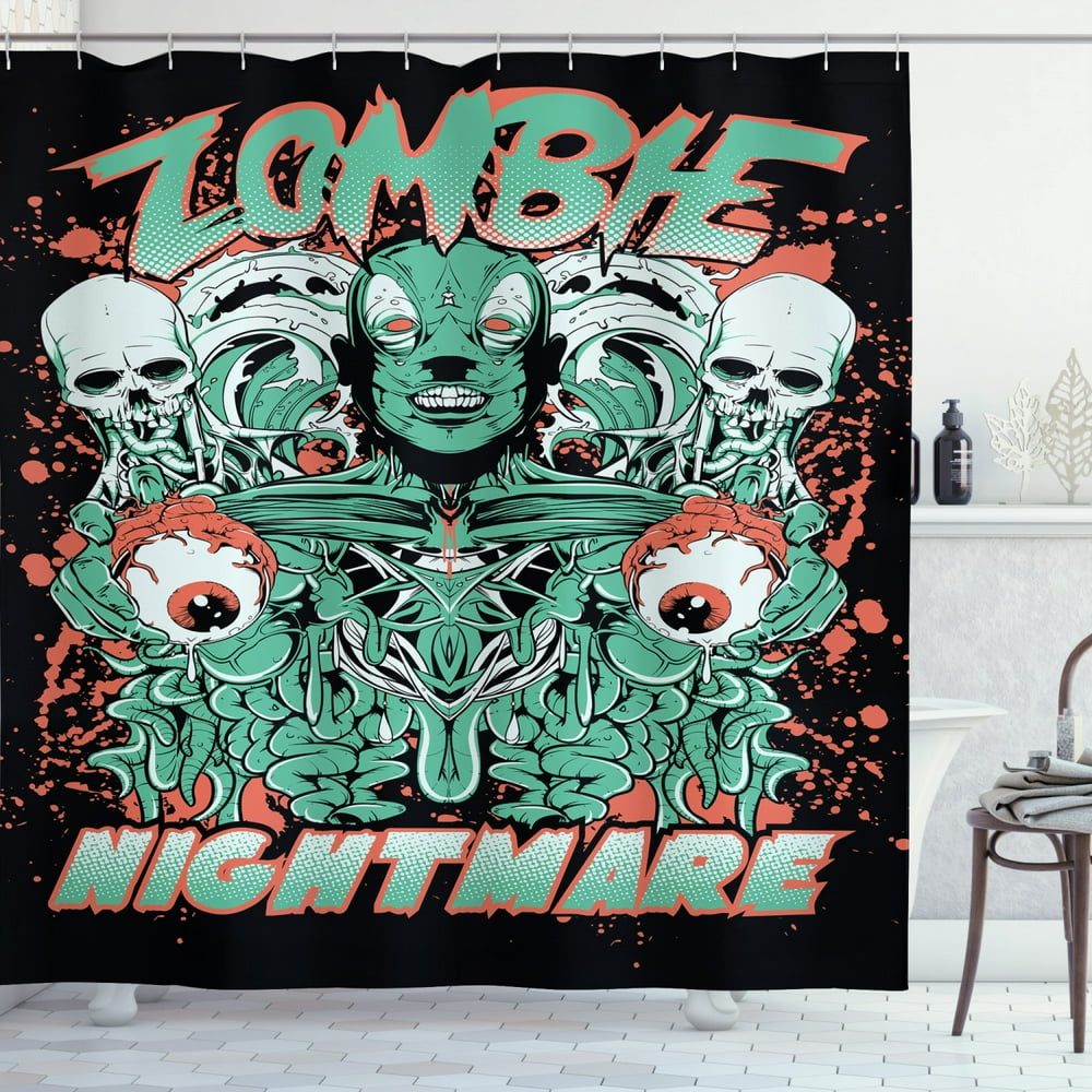Zombie Decor Shower Curtain, Nightmare Retro with Skulls Ghost ...
