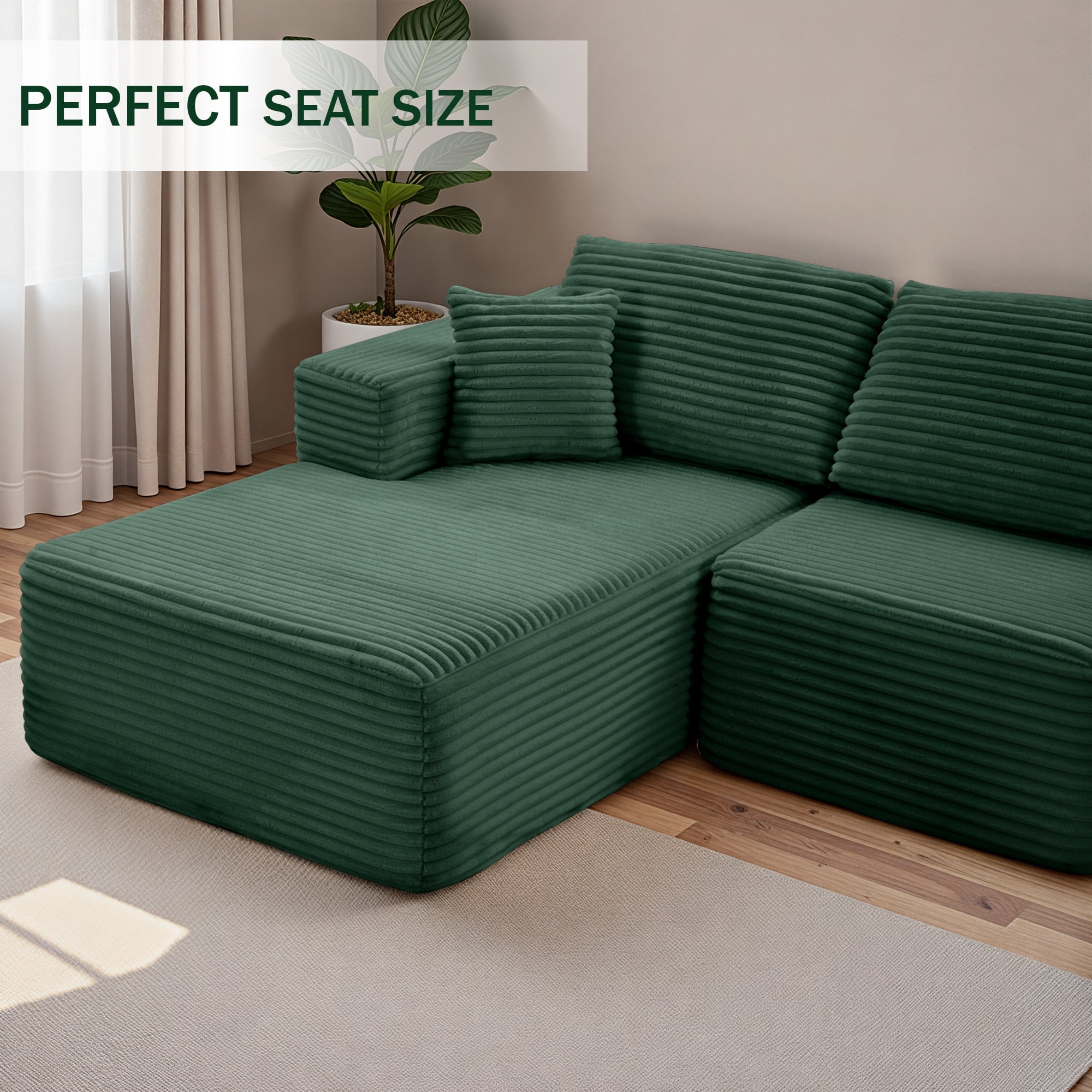 MAYEERTY Corduroy Sectional Couch, Comfy Modular Compression Sofa for Apartment & Living Room, 104×67" Green