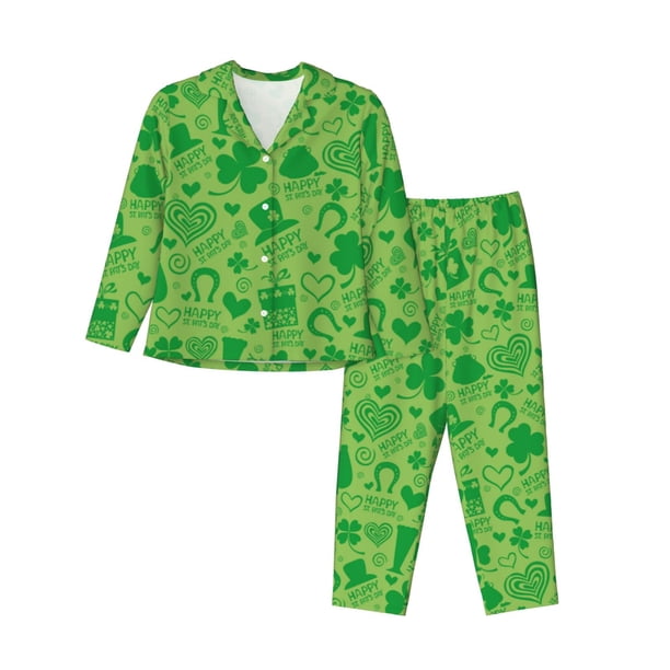Balery St Patrick's Day Conjunto de Pijama con Estampado para Mujer, Conjunto de Dos Piezas con Manga Larga, Ropa de Dormir Suave con Bolsillos, Pijamas Cómodos-Small