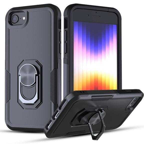 iPhone SE 2022 Case, iPhone SE 2020 Case, Townshop Heavy Duty Shockproof Protective Phone Cover with Ring Holder Kickstand for iPhone SE 2022/ iPhone SE 2020/ iPhone 8/ iPhone 7 - Black