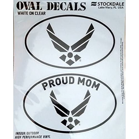 U.S. Air Force, Proud Mom, 2-Piece White and Clear Euro Decal Sticker Set, 4x2.5 Inch Each, United States Military