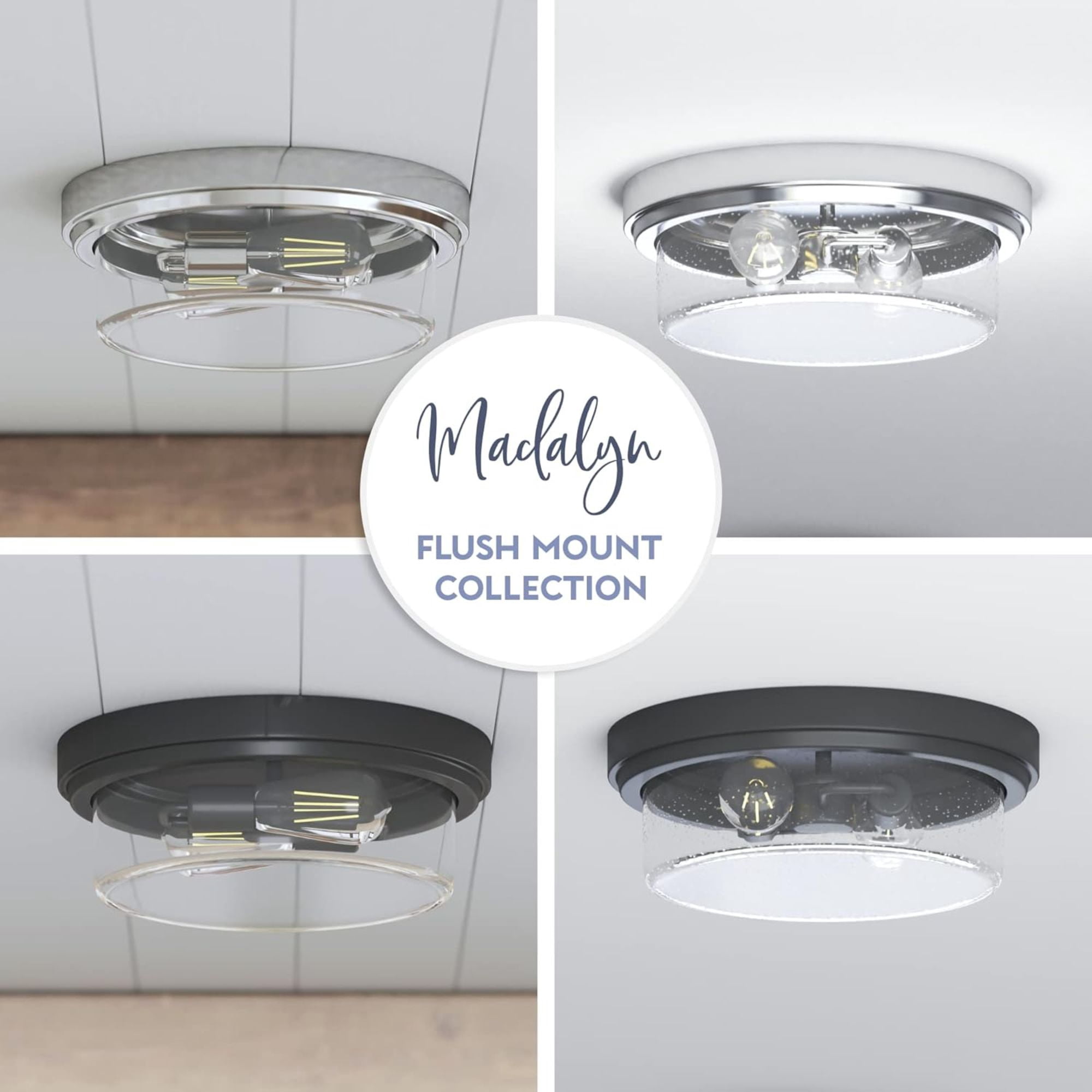 Prominence Home 3 Pack Madalyn 13" Ceiling Light, Clear Drum Glass, Brushed Nickel